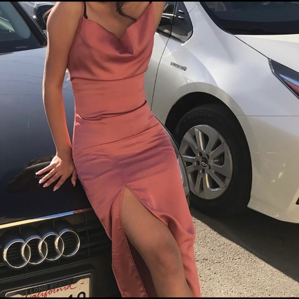 Rose pink satin slit dress
